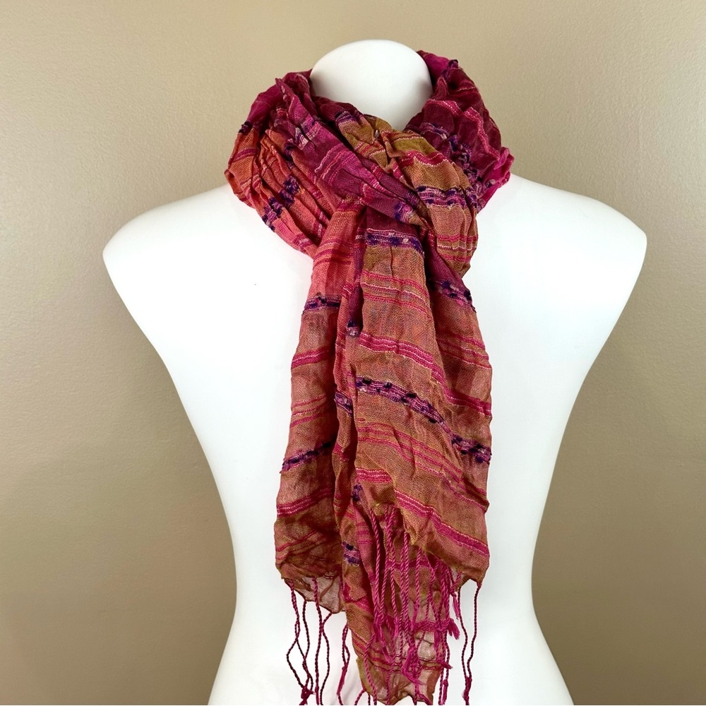 Pink Orange & Purple Striped Crinkle Scarf with Fringe Boho Colorful Artsy